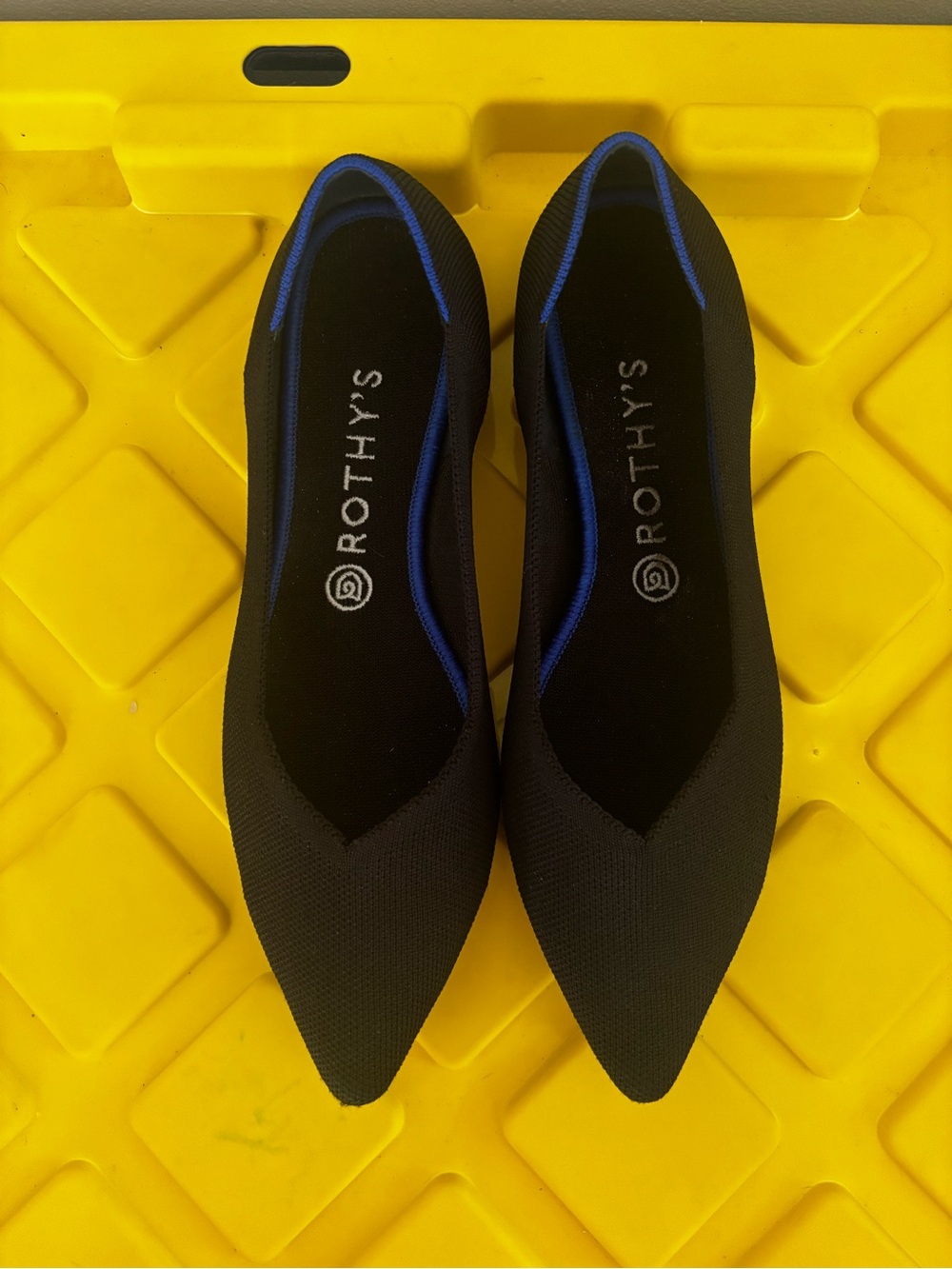 Rothy's Black Pointed-Toe Flats with Blue Trim